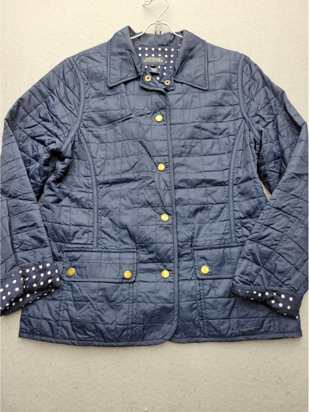 Jones New York Women's Jacket Medium Blue Quilted Pockets Collared Button Snaps